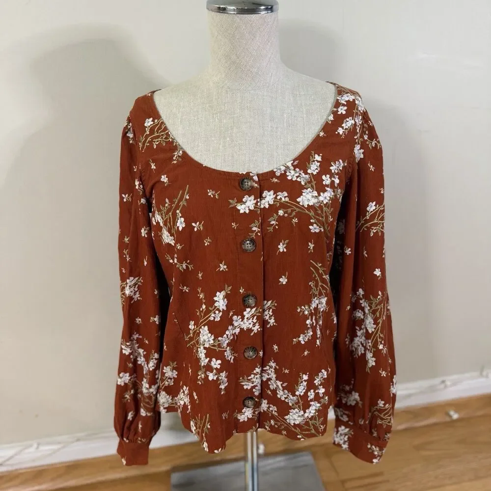 Madewell Corduroy Shirred-Sleeve Button-Front Top Farmstand Bouquet Rusty S Fall